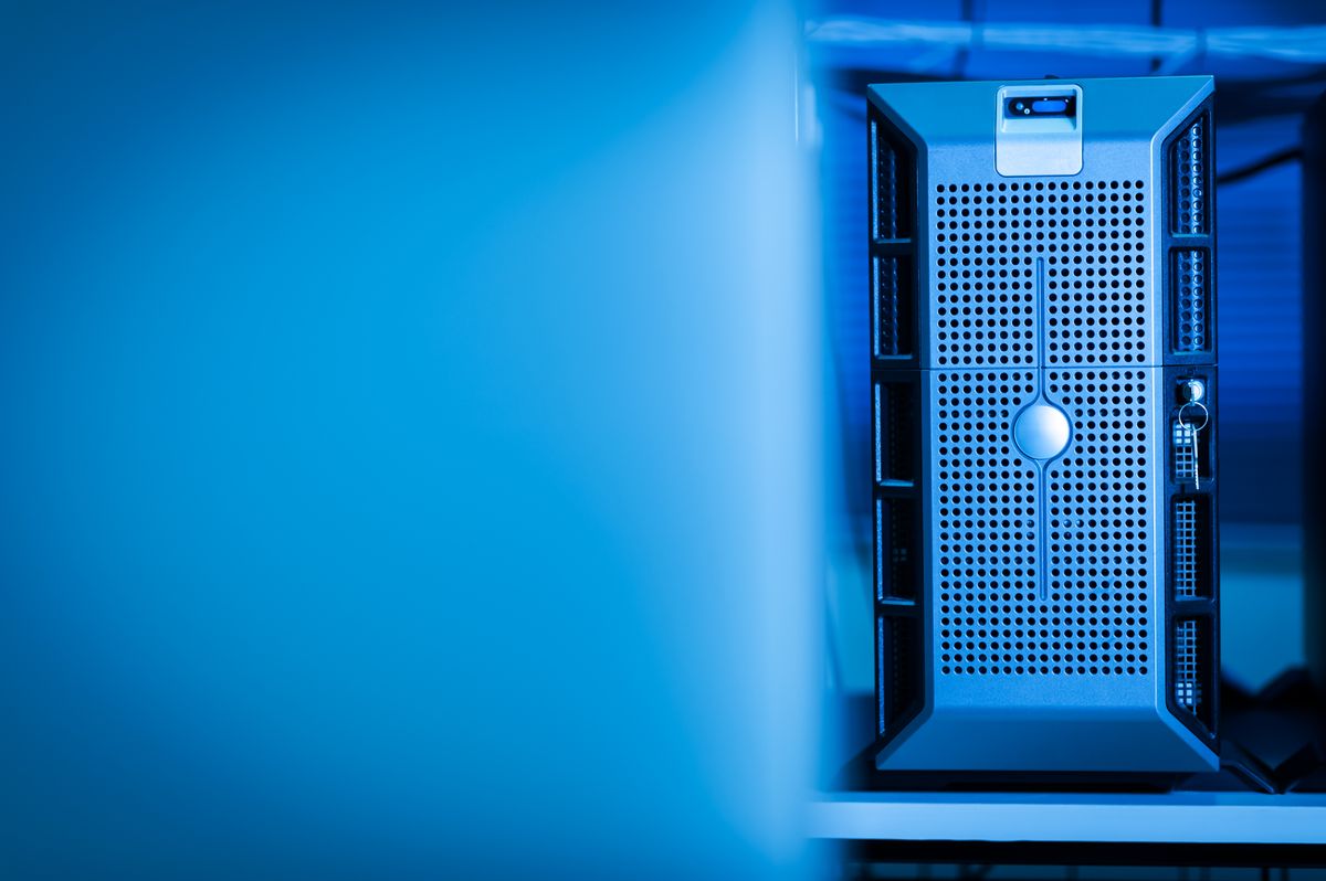 Server unit with blue lights in a data centre